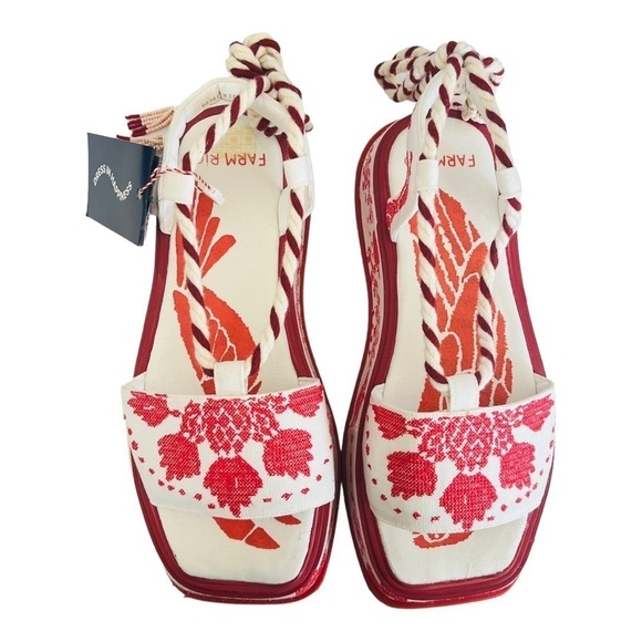 FARM RIO Red Embroidery Cross Stitch Flatform Ankle Lace Up Sandals NEW $285 - Picture 11 of 16